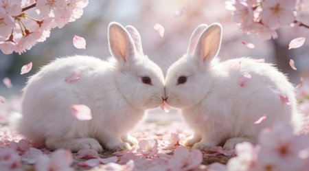A creative digital illustration depicting Fluffy white rabbits nuzzling noses with cherry blossom petals, springtime soft-focus composition, gentle diffused sunlight, ethereal pet photography style, delicate and romantic mood, professional st. This AI-generated artwork features unique visual elements suitable for various commercial and editorial applications. AI-generated illustration.の素材