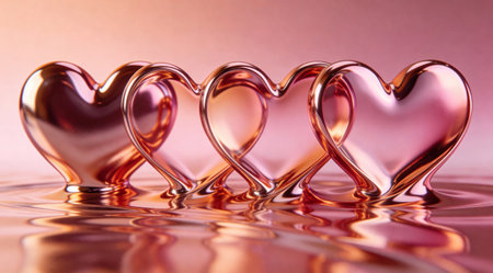 A creative digital illustration depicting Morphing liquid hearts in metallic rose gold gradients, fluid macro composition, reflective caustic lighting, metallic fluid simulation style, alchemical transformative love mood, pro stock.. This AI-generated artwork features unique visual elements suitable for various commercial and editorial applications. AI-generated illustration.の素材