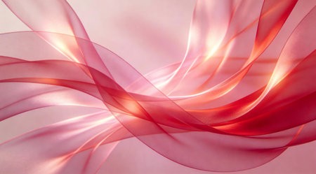 A creative digital illustration depicting Abstract representation of love as swirling soft pink and red ribbons intertwining, dynamic flowing composition filling the frame, ethereal backlighting creating glows, minimalist digital art style, r. This AI-generated artwork features unique visual elements suitable for various commercial and editorial applications. AI-generated illustration.の素材