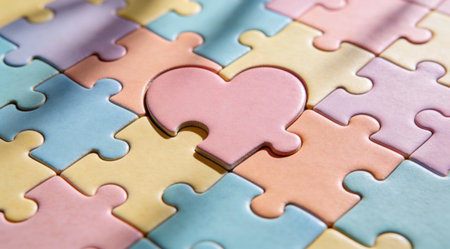 A creative digital illustration depicting Interlocking puzzle hearts in pastel mosaics, puzzle-piece composition, soft shadow lighting, conceptual pattern style, harmonious loving mood, premium photography.. This AI-generated artwork features unique visual elements suitable for various commercial and editorial applications. AI-generated illustration.の素材