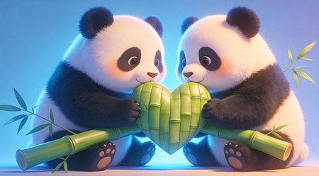 A creative digital illustration depicting Two cute cartoon pandas sharing a single bamboo heart, close-up intimate composition, gentle pastel blue backlight creating soft glow, adorable kawaii anime style, heartwarming affectionate mood, high. This AI-generated artwork features unique visual elements suitable for various commercial and editorial applications. AI-generated illustration.の素材
