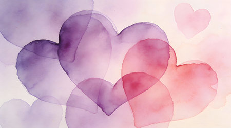 A creative digital illustration depicting Abstract soft patterns of interlocking hearts in watercolor textures, layered overlapping composition, diffused gradient lighting from lavender to rose, fluid artistic style, calming affectionate mood. This AI-generated artwork features unique visual elements suitable for various commercial and editorial applications. AI-generated illustration.の素材