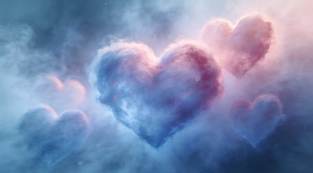 A creative digital illustration depicting Abstract dissolving heart forms in misty blue and pink hues, vaporous expansive composition, foggy ethereal lighting, digital mist style, transient loving mood, atmospheric stock background.. This AI-generated artwork features unique visual elements suitable for various commercial and editorial applications. AI-generated illustration.の素材