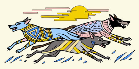 Dynamic abstract artwork in tribal pattern style with linear compositions, velocity streaks, and...