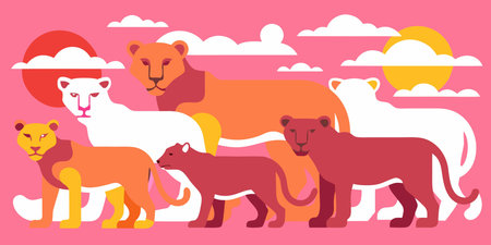 A creative digital illustration depicting Abstract big cats lioness pride silhouettes merged,...