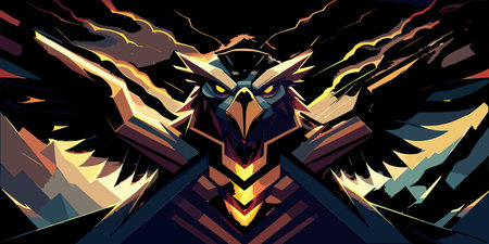 Dynamic abstract artwork in majestic raptor style with  high-vantage composition, stormy golden...