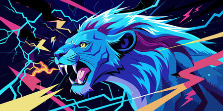 Vibrant  punk style artwork captures overcharged dominance with dynamic blue electric discharges and...