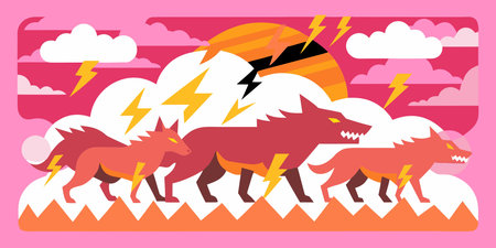 A creative digital illustration depicting Abstract epic wild carnivore wolf pack silhouettes...