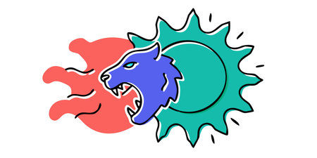 Dramatic abstract style blending solar  elements with fierce wildlife motifs, creating a unified...