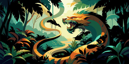 This serpentine abstract artwork features coiled forms inspired by jungle predators, with a...