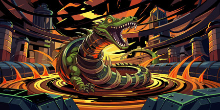Dynamic industrial dystopian digital artwork with spiraling vortex composition of twisted metal...