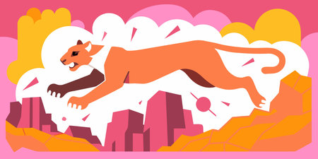 Dynamic abstract composition in  fracture style with explosive mid-air motion and dramatic orange twilight lighting, evoking a perilous leaping doom mood. Perfect for high-impact graphics in gaming, adventure branding, fantasy posters, wildlife-themed apparel, and adrenaline visuals targeting action enthusiasts and creative industries. Versati. AI-generated vector illustration. AI-generated illustration.のイラスト素材