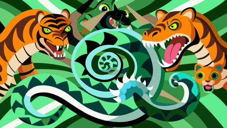 A creative digital illustration depicting Abstract big cats and  fusion: tiger stripes weaving into...