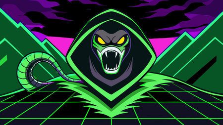 Dynamic cyberpunk digital artwork featuring serpentine S-curve forms with vivid toxic green neon...