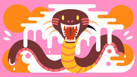 Dynamic abstract composition evoking primal terror through elongated shadow forms and venom drip...