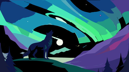 A creative digital illustration depicting Abstract carnivore wolf howl as aurora borealis waves,...