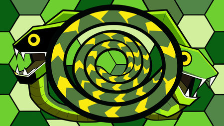 Captivating organic geometric style fuses serpentine predator forms with interlocking hexagons,...