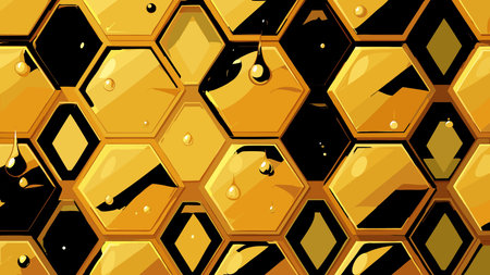Organic geometric artwork in warm golden honey tones, featuring symmetrical hexagonal patterns and...