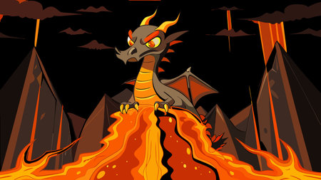A creative digital illustration depicting Abstract dragon rising from molten lava fractals in lava orange and black, vertical ascent composition with dripping effects, hellfire subsurface lighting, volcanic surrealism style, primal and scorch. This AI-generated artwork features unique visual elements suitable for various commercial and editorial applications. AI-generated illustration.のイラスト素材