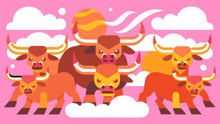 Dynamic abstract composition blending prehistoric bovine motifs with charging energy and ethereal dawn mist for a primal, ferocious mood. Stylized horn battering rams evoke ancient power and movement in a textured, atmospheric style. Perfect for fantasy book covers, gaming visuals, wildlife posters, and editorial graphics appealing to designers, publishers, a. AI-generated vector illustration. AI-generated illustration.のイラスト素材