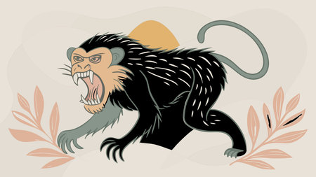 Energetic abstract design in agile style featuring dynamic swinging compositions, dappled emerald canopy lighting, and a trickster savage mood. Ideal for gaming assets, adventure apparel, tropical branding, wildlife posters, and digital media projects. Versatile bold graphics appealing to designers, marketers, and nature enthusiasts seeking high-impact visuals. . AI-generated vector illustration. AI-generated illustration.のイラスト素材