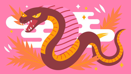 Dynamic serpentine vector artwork embodies a jungle predator's lethal prowess through sinuous blade forms in jet black and acid lime tones. Bioluminescent vein glows infuse lightning strike deadliness and coiled tension, crafting a high-energy, futuristic mood. Ideal for gaming assets, tattoo designs, extreme sports branding, posters, and digital media appeal. AI-generated vector illustration. AI-generated illustration.のイラスト素材