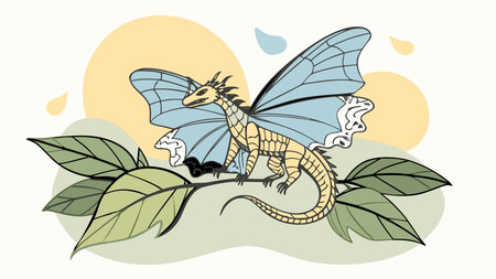 A creative digital illustration depicting Nature dragon butterfly wings patterned with global foliage, perched on world leaf in macro composition, soft macro lens bokeh sunlight, detailed macro nature art style, delicate and interconnected be. This AI-generated artwork features unique visual elements suitable for various commercial and editorial applications. AI-generated illustration.のイラスト素材