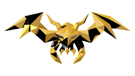 Futuristic polyhedral style featuring sharp interlocking triangles and polygons in lustrous metallic gold, with symmetrical frontal view, wide-spread wings, and harsh angular lighting creating deep dramatic shadows for a powerful modern mood. Ideal for gaming graphics, tech branding, sci-fi posters, album art, and digital media, appealing to designers, market. AI-generated vector illustration. AI-generated illustration.のイラスト素材