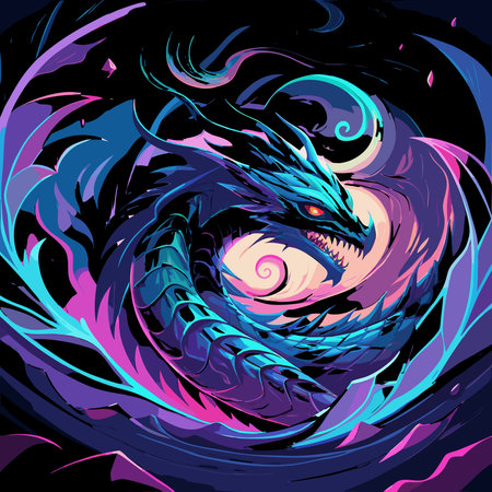 A creative digital illustration depicting A majestic abstract dragon swirling in ethereal blue and purple hues, dynamic spiral composition filling the frame, soft volumetric lighting with glowing edges, surreal digital art style, mystical and. This AI-generated artwork features unique visual elements suitable for various commercial and editorial applications. AI-generated illustration.のイラスト素材