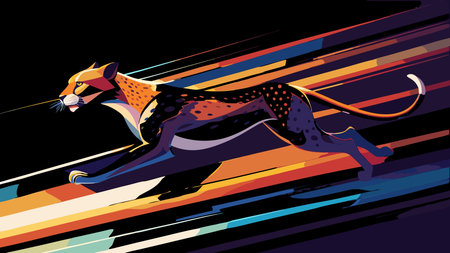 Energetic vector graphic employing speed-blurred geometric patterns and trailing motion lines to convey explosive velocity and raw power. The curved dynamic layout with electric yellow accents creates a thrilling, ferocious atmosphere perfect for high-energy visuals. Ideal for sports branding, fitness apps, automotive ads, gaming interfaces, and motivational . AI-generated vector illustration. AI-generated illustration.のイラスト素材