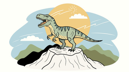 Dramatic epic style digital illustration conveying a thunderous and dominant mood in wide triumphant composition. Ideal for use in gaming backgrounds, fantasy posters, educational dinosaur resources, and adventure-themed . High-resolution artwork perfect for graphic designers and marketers targeting prehistoric and wildlife audiences. . AI-generated vector illustration. AI-generated illustration.のイラスト素材