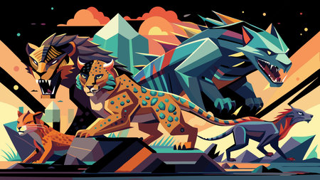 Vibrant geometric abstraction merges cheetah spots with voxelized crocodile armor, evoking explosive sprint velocity and stealthy ambush amid swirling savanna dust motes and ethereal light rays. This dynamic hybrid design pulses with adaptive speed demon ferocity, perfect for gaming interfaces, wildlife apparel prints, motion graphics, campaigns, . AI-generated vector illustration. AI-generated illustration.のイラスト素材