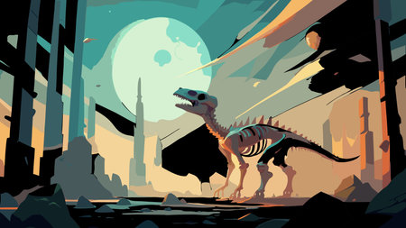 A creative digital illustration depicting Ancient dinosaur skeleton reassembled in vaporous abstract form, wide-angle composition with bones floating in mist, volumetric god rays piercing through, fantasy minimalist style, eerie and timeless . This AI-generated artwork features unique visual elements suitable for various commercial and editorial applications. AI-generated illustration.のイラスト素材