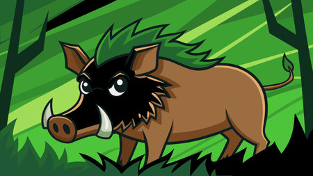 Feral line art style showcases dynamic diagonal vectors and swirling motifs with ethereal green forest undergrowth lighting, capturing bristling fury and primal whirlwind energy. Ideal for gaming assets, t-shirt designs, wildlife posters, and bold branding in adventure genres. Versatile graphic for projects targeting nature enthusiasts and action d. AI-generated vector illustration. AI-generated illustration.のイラスト素材
