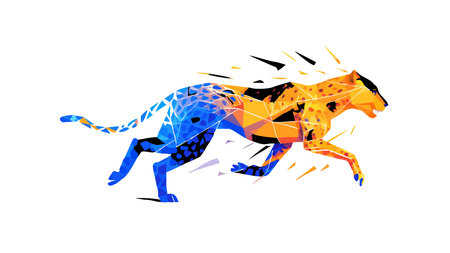 Energetic digital artwork utilizing abstracted geometric polygons and dynamic speed lines to evoke blistering velocity and motion intensity. Vibrant electric blue and orange tones combined with strobe flash effects generate a pulsating, high-adrenaline mood of relentless pursuit. Perfect for sports branding, gaming interfaces, energy , fitness visual. AI-generated vector illustration. AI-generated illustration.のイラスト素材