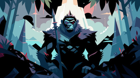 Captivating abstract digital artwork featuring tribal geometric patterns, volumetric lighting, and misty fog to evoke an imposing guardian mood in a throne-like composition. Ideal for fantasy branding, adventure posters, wildlife apparel, gaming graphics, and promotional materials in creative industries. Versatile style enhances prints, web designs, and marke. AI-generated vector illustration. AI-generated illustration.のイラスト素材