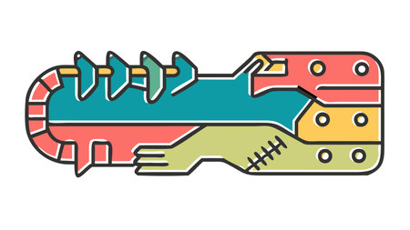 Immersive biomechanical digital art with angular fusion of reptilian scales and feline claws in panoramic wide composition. Deep blue underwater hues illuminated by caustic light patterns create a ferocious aquatic mood. Perfect for fantasy gaming assets, book covers, apparel graphics, and immersive media targeting sci-fi adventure audiences. . AI-generated vector illustration. AI-generated illustration.のイラスト素材