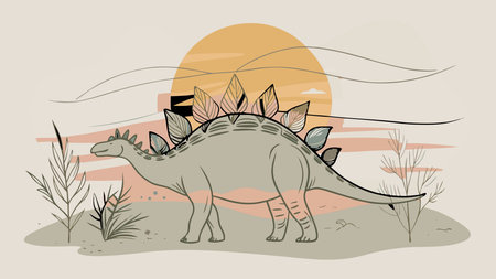 A creative digital illustration depicting Stegosaurus with abstract vapor trail body in savanna sunset, sweeping horizontal composition, warm backlit silhouettes, ethereal digital painting style, nostalgic and prehistoric mood, 8K professiona. This AI-generated artwork features unique visual elements suitable for various commercial and editorial applications. AI-generated illustration.のイラスト素材