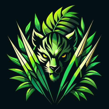 Captivating modern graphic style in minimalist line art evokes a tense, predatory mood with subtle backlit glows in lime green and black tones. Vertical composition leverages ample negative space for dynamic layouts and  scalability. Ideal for uses in branding, posters, apparel graphics, wildlife-themed , and digital media targetin. AI-generated vector illustration. AI-generated illustration.のイラスト素材