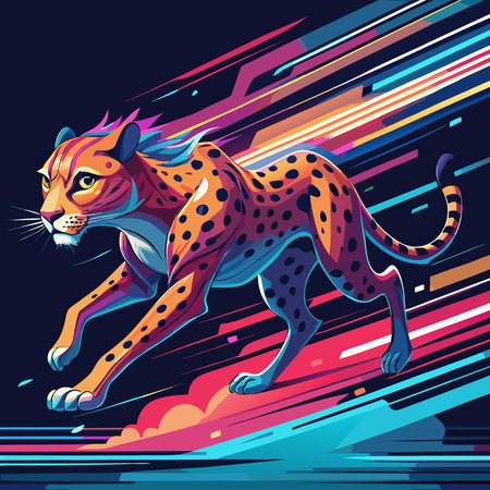 Futuristic motion graphics style employs high-contrast flash lighting, streaking light trails, and speed lines to capture relentless pursuit and explosive velocity in a horizontal racing composition. Perfect for use in sports branding, gaming visuals, action , and high-energy digital media projects. Appeals to designers in wildlife adven. AI-generated vector illustration. AI-generated illustration.のイラスト素材