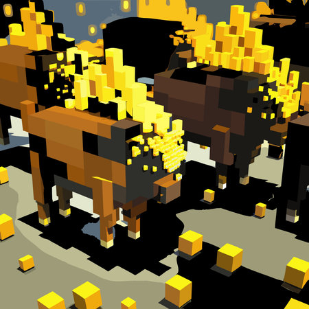 Energetic low-poly digital artwork with pixelated block formations, dusty golden particle glows, and...