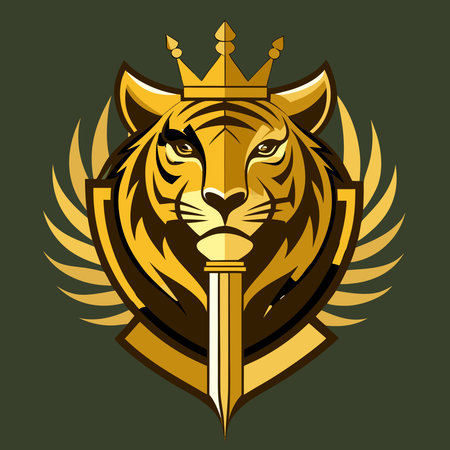 Opulent heraldic design in vertical emblem format, featuring imperial gold embossing and a noble...