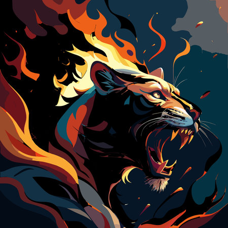 Intense abstract artwork in blazing wave style with fiery orange volumetric lighting, evoking incinerating primal power and danger. Perfect for uses like fantasy gaming graphics, dramatic posters, book covers, apparel prints, and high-energy for adventure brands and creative agencies. Versatile dynamic design for digital and print media. . AI-generated vector illustration. AI-generated illustration.のイラスト素材