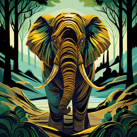 A creative digital illustration depicting Majestic jungle king elephant tusks weaving golden abstract threads, expansive horizontal composition, soft morning fog lighting, luxurious abstract texture art style, noble and ancient mood, 123RF pr. This AI-generated artwork features unique visual elements suitable for various commercial and editorial applications. AI-generated illustration.のイラスト素材