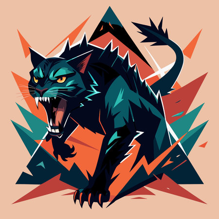 Striking metallic inkblot style artwork with glossy textures and harsh rim lighting that casts elongated predatory shadows across interlocking forms. Balanced triangular composition builds a tense, confrontational mood blending animal ferocity with abstract geometry. Ideal for editorial designs, book covers, posters, gaming assets, and in wildlife. AI-generated vector illustration. AI-generated illustration.のイラスト素材