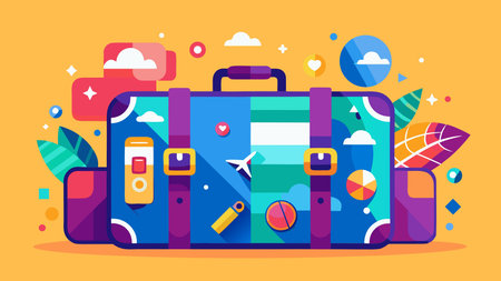 A creative digital illustration depicting Vibrant flat vector travel suitcase packed, advertising illustration bold centered composition, clean style negative space tags, adventurous flat lighting, wanderlust exploratory mood.. This AI-generated artwork features unique visual elements suitable for various commercial and editorial applications. AI-generated illustration.のイラスト素材