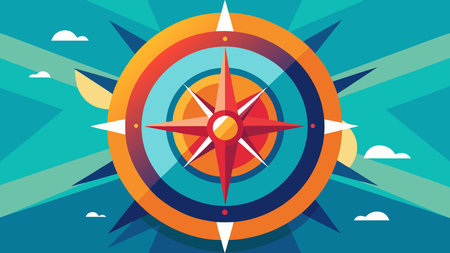 Vibrant flat design with bold graphic elements in centered composition and generous negative space, evoking exploratory wanderlust and discovery mood. Ideal for travel apps, adventure branding, motivational graphics, navigation interfaces, and outdoor targeting explorers and journey enthusiasts. Modern style with even lighting offers scalability for. AI-generated vector illustration. AI-generated illustration.のイラスト素材