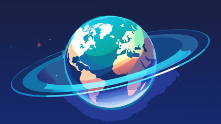 Dynamic flat vector artwork with bold lines, negative space continents, and global blue lighting to evoke a connected worldly mood. Ideal for international business visuals, corporate branding, travel promotions, educational tools, and digital interfaces targeting global enterprises and audiences. Clean scalable style ensures versatility in web graphics, pres. AI-generated vector illustration. AI-generated illustration.のイラスト素材