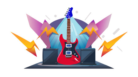 Dynamic flat vector design showcasing vibrant colors, precise clean lines, and a powerful edgy mood with strategic negative space and stage lighting effects. Perfect for music branding, album covers, concert posters, band merchandise, and rock-themed digital media targeting musicians, designers, and entertainment professionals. Versatile style suits modern gr. AI-generated vector illustration. AI-generated illustration.のイラスト素材