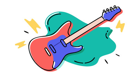 Dynamic flat vector artwork embodying the intense energy of rock music with clean lines, bold negative space, and striking fiery reds contrasted against deep blacks. Dramatic stage spotlight effects enhance the electrifying rockstar atmosphere, ideal for high-impact visuals. Versatile for music industry applications like posters, album artwork, merchandise, a. AI-generated vector illustration. AI-generated illustration.のイラスト素材